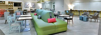 Hotel dining area with fun color furniture